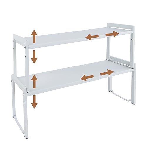 Goodsnetic 2 Packs Expandable Cabinet Shelf 13.8~26"(L), Stackable Kitchen Counter Shelf Organizer, 33LBS Heavy Duty Shelf Riser, Countertop Storage