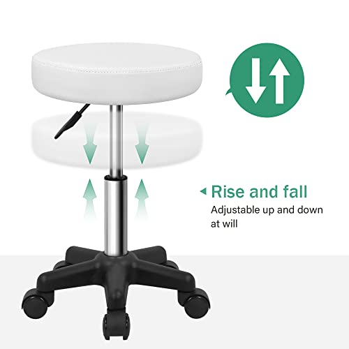 FURWOO Round Rolling Stool with Wheels Height Adjustable Stool Spa Stool for Salon Massage Home Kitchen White