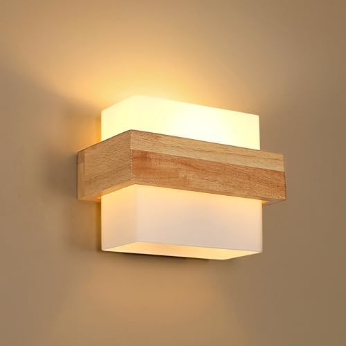 DELIPOP Wooden Wall Lights Indoor, E27 Modern Minimalist Design Wall Lamp, Wood Wall Lighting Fixtures 3 Lighting Colours 3000K/4500K/6500K for Living Room Bedroom Corridor Stairs