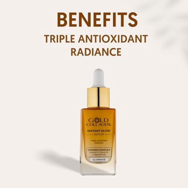 GOLD COLLAGEN Instant Glow - Vitamin C, Vitamin E, Glycerine & Niacinamide Serum Pore Minimizer & Moisturiser Skincare, Anti Aging Face Serum Against Wrinkles, Triple Antioxidant Action Skin Care 30ml