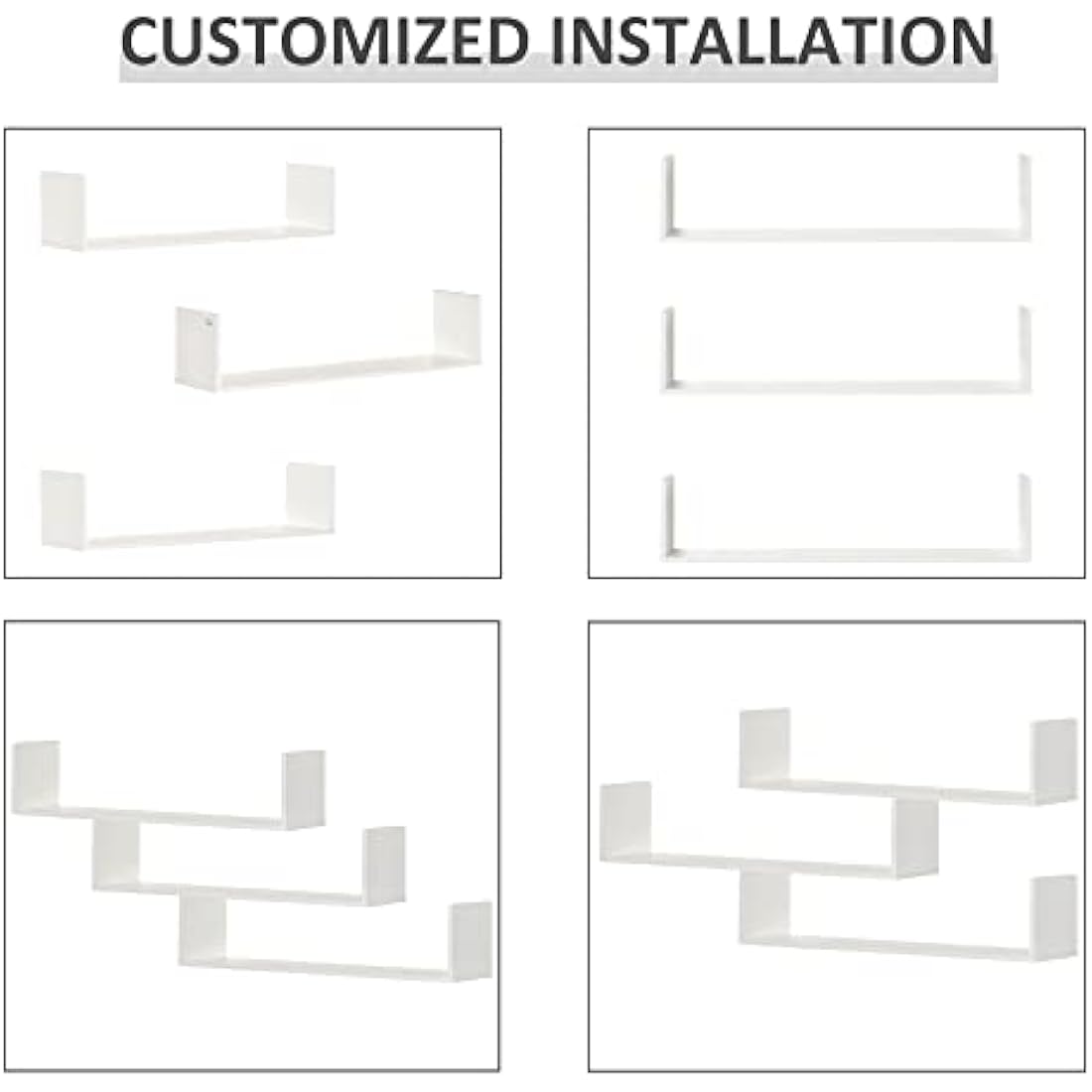 HOMCOM Set of 3 Wooden U-Shaped Floating Shelves Set Wall Mounted Hanging Bookshelf CD DVD Storage Display for Bedroom Living Room Kitchen, White