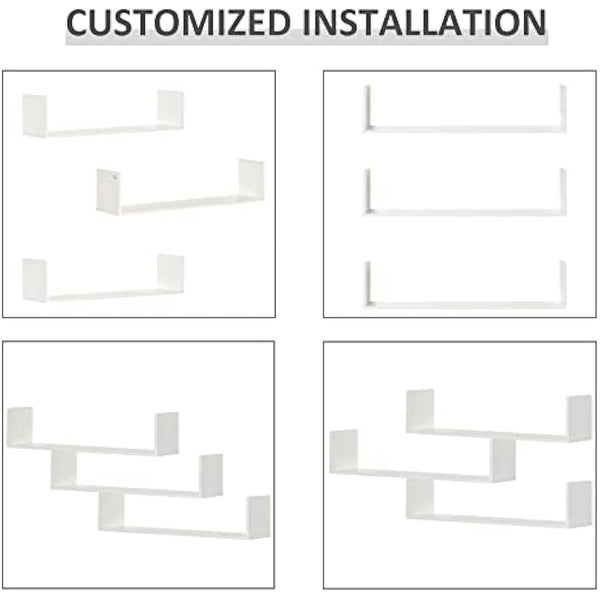 HOMCOM Set of 3 Wooden U-Shaped Floating Shelves Set Wall Mounted Hanging Bookshelf CD DVD Storage Display for Bedroom Living Room Kitchen, White