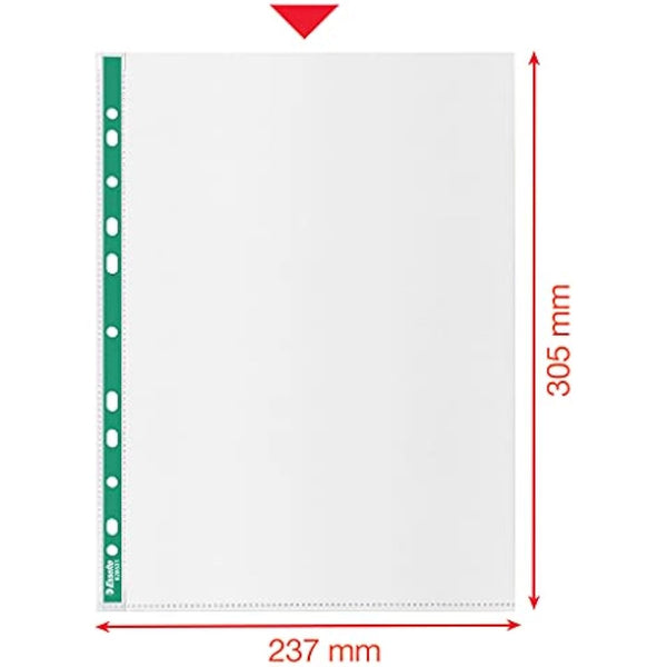 Esselte A4 Punched Pockets, 200 x Poly Pockets, 34 Micron Thickness, Embossed A4 Pockets With Punched Reinforced Green Spine, Ideal For Lever Arch Files & Ring Binders (Pack of 200), 628532