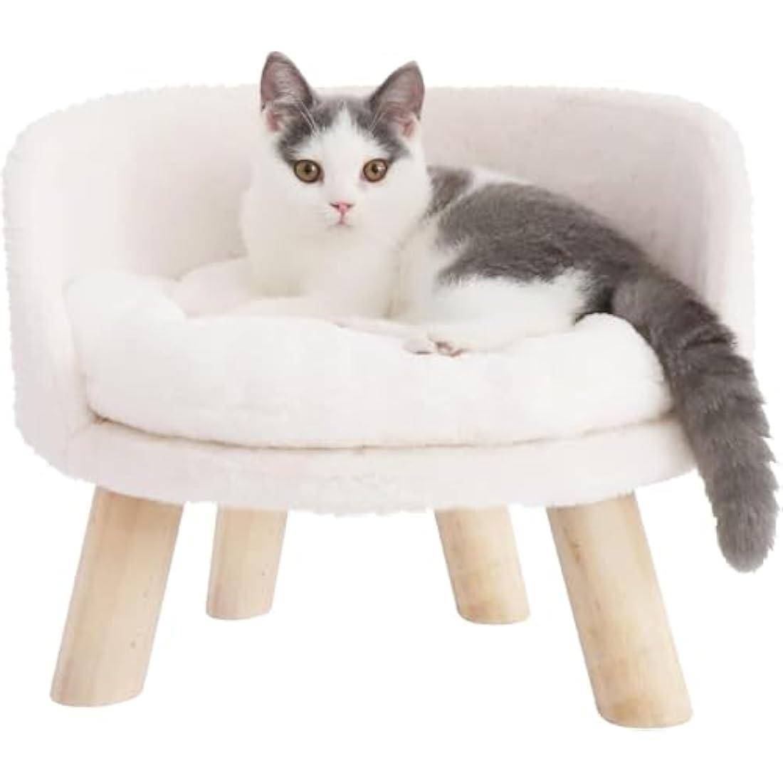 BingoPaw Cat Sofa Chair Bed: Elevated Nordic Pet Stool Bed with Removable Waterproof Mat - Raised Plush Fur Dog Kitten Couch with Wooden Legs Frame (Dia 40cm)