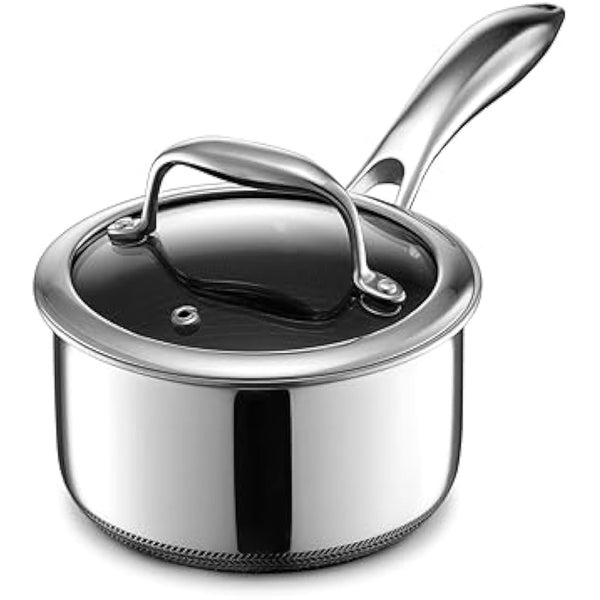 HexClad 1.14 Liter Hybrid Pot with Glass Lid - Non Stick Saucepan, Easy to Clean, Dishwasher & Oven Safe - Perfect for Making Sauces, Reheating Soups, Stocks, Cooking Grains, Silver (HEX1QSP)