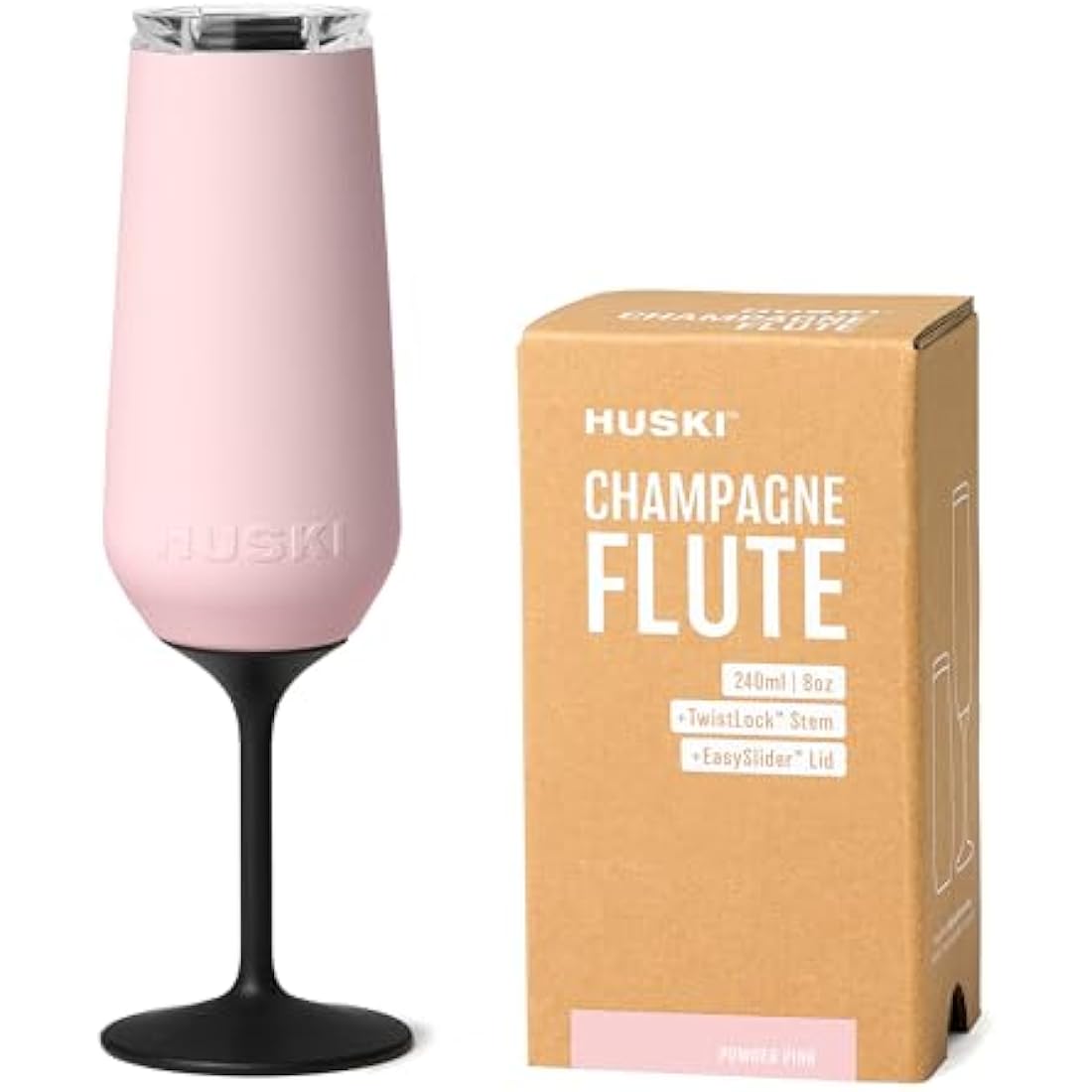 Huski Champagne Flute | New | Award-Winning Design with Detachable Stem | Premium Stainless Steel Champagne Glass with Lid | Triple Insulated Tumbler | 240ml Capacity | Great Gift (Powder Pink)