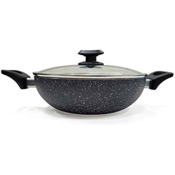 Ignite Cookware 26cm Marble Non-Stick Wok | Stir-Fry Pan with Glass Lid | Kadai | PFOA Free Non Stick for Healthy Cooking | Suitable for All Hobs Including Induction