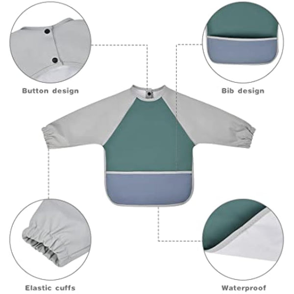 Vicloon Baby Weaning Bibs, PU Feeding Bibs With Long Sleeves, Waterproof Toddler Bibs Easy to Clean, Suitable for Babies From 6 Months to 12 Months(Green)