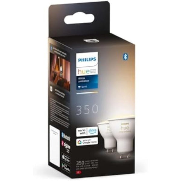Philips Hue White Ambiance Smart Light Bulb 2 Pack [GU10 Spot] with Bluetooth. Works with Alexa, Google Assistant and Apple Homekit.