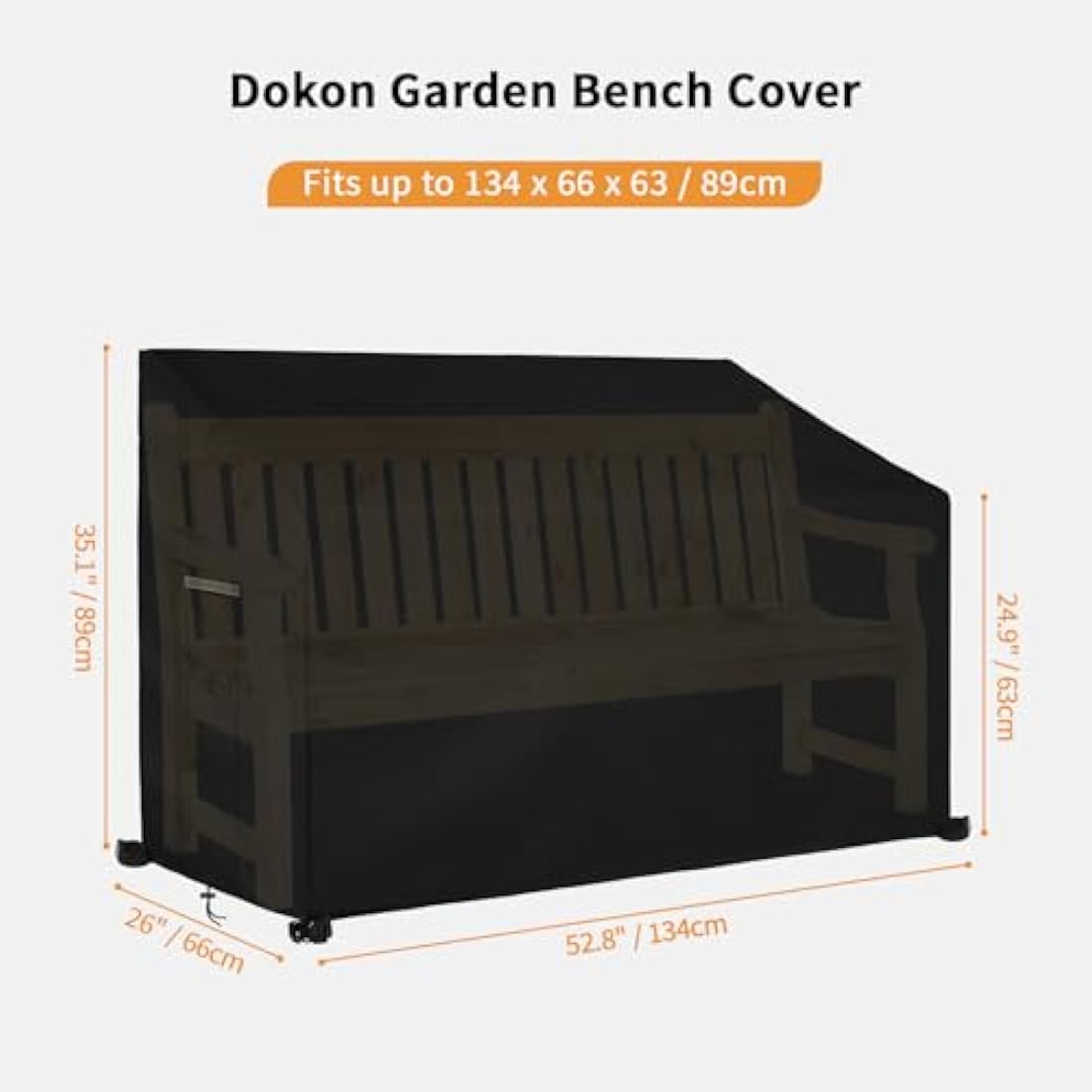 Dokon 2 Seat Garden Bench Covers Waterproof Heavy Duty Oxford Fabric Outdoor Bench Seat Cover with Air Vents Windproof Anti-UV Patio Garden Seat Covers (134x66x63/89cm) - Black