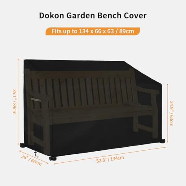 Dokon 2 Seat Garden Bench Covers Waterproof Heavy Duty Oxford Fabric Outdoor Bench Seat Cover with Air Vents Windproof Anti-UV Patio Garden Seat Covers (134x66x63/89cm) - Black