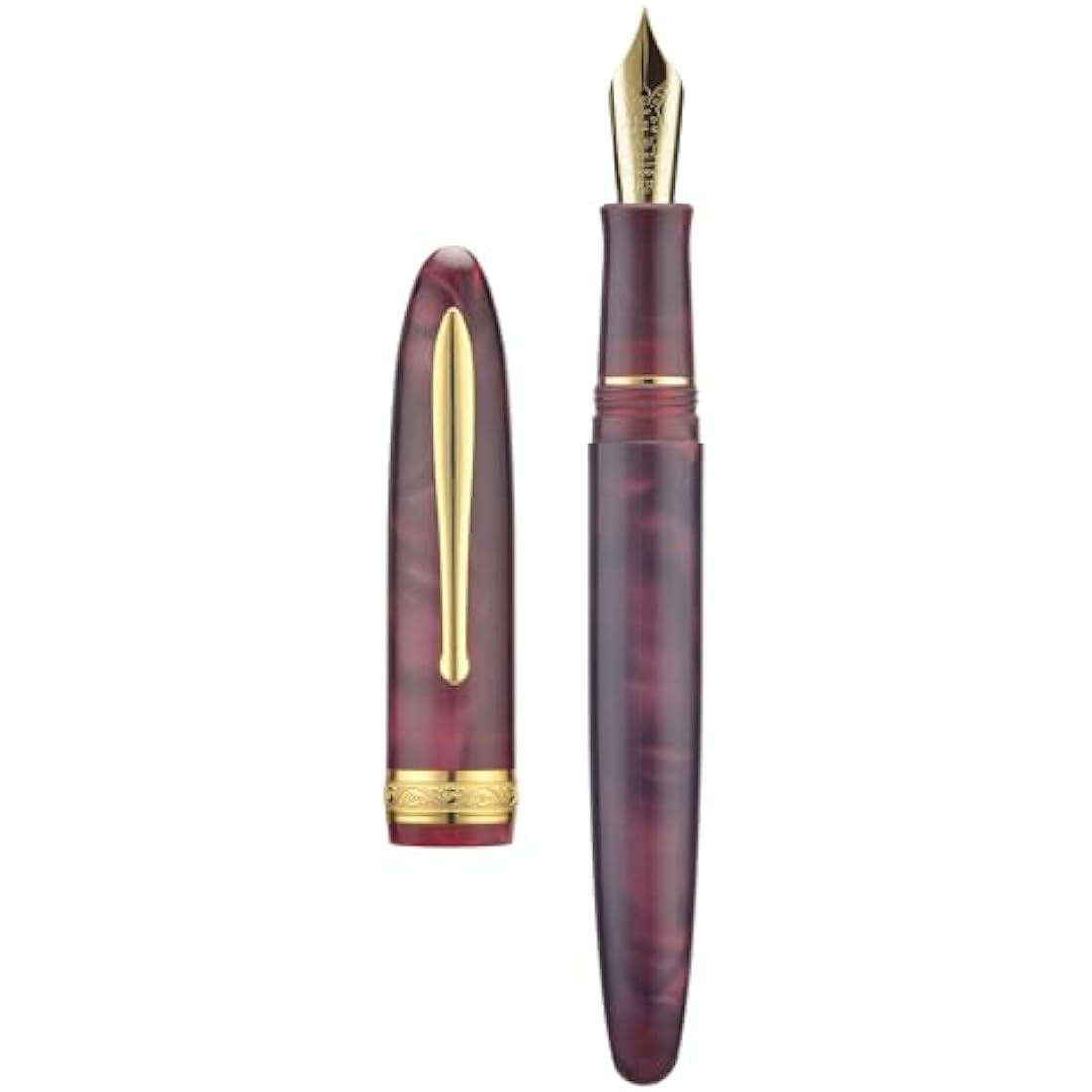 Hong Dian N9 Fountain Pen, Long Leaf Medium Point Gold Ornaments, Wine Red and Acrylic Design with Converter and Metal Pen Box