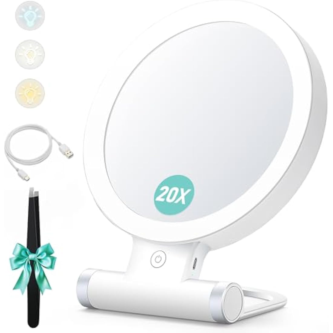 Magnifying Mirror with Light,20X/1X Double Sided Tabletop Portable Lighted Makeup Beauty Mirror, 3 Color Lighting, Dimmable Touch Screen,Cosmetic Mirror with Lights for Makeup/Travel(Gifts for Women)
