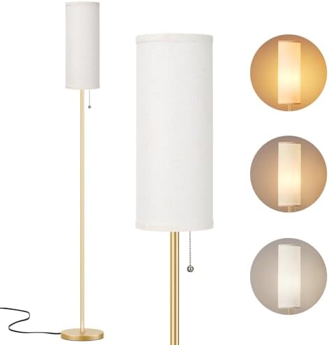 Aooshine Gold Floor Lamp for Living Room with 3 Color Temperatures Bulb, 64" Standing lamp with Linen lampshade for Bedroom, Minimalist Pole Lamp, Beige Shade & Gold Pole(Bulb Included)