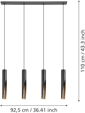 Eglo LED Pendant light Barbotto, 3 lamp ceiling light fitting with indirect lighting, hanging lamp for dining and living room, metal in black and wood effect, GU10 bulb, warm white