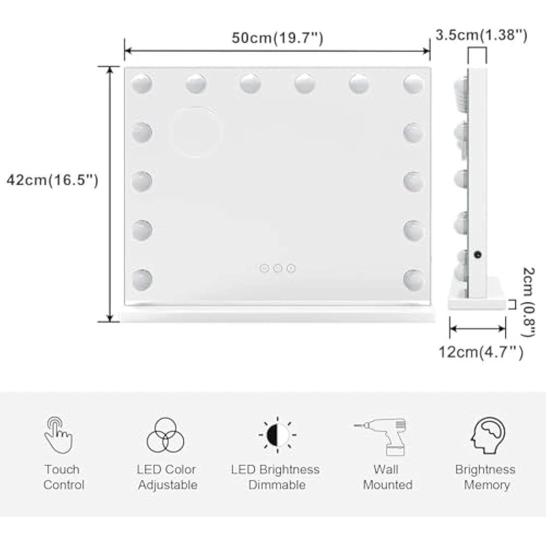 Dripex Hollywood Vanity Mirror with Lights, 50×42cm Large Lighted Makeup Mirror with 14 Dimmable LED Bulbs, USB Cable, Touchscreen Control, Cosmetic Tabletop Mirror for Bedroom, Dressing Room(White)