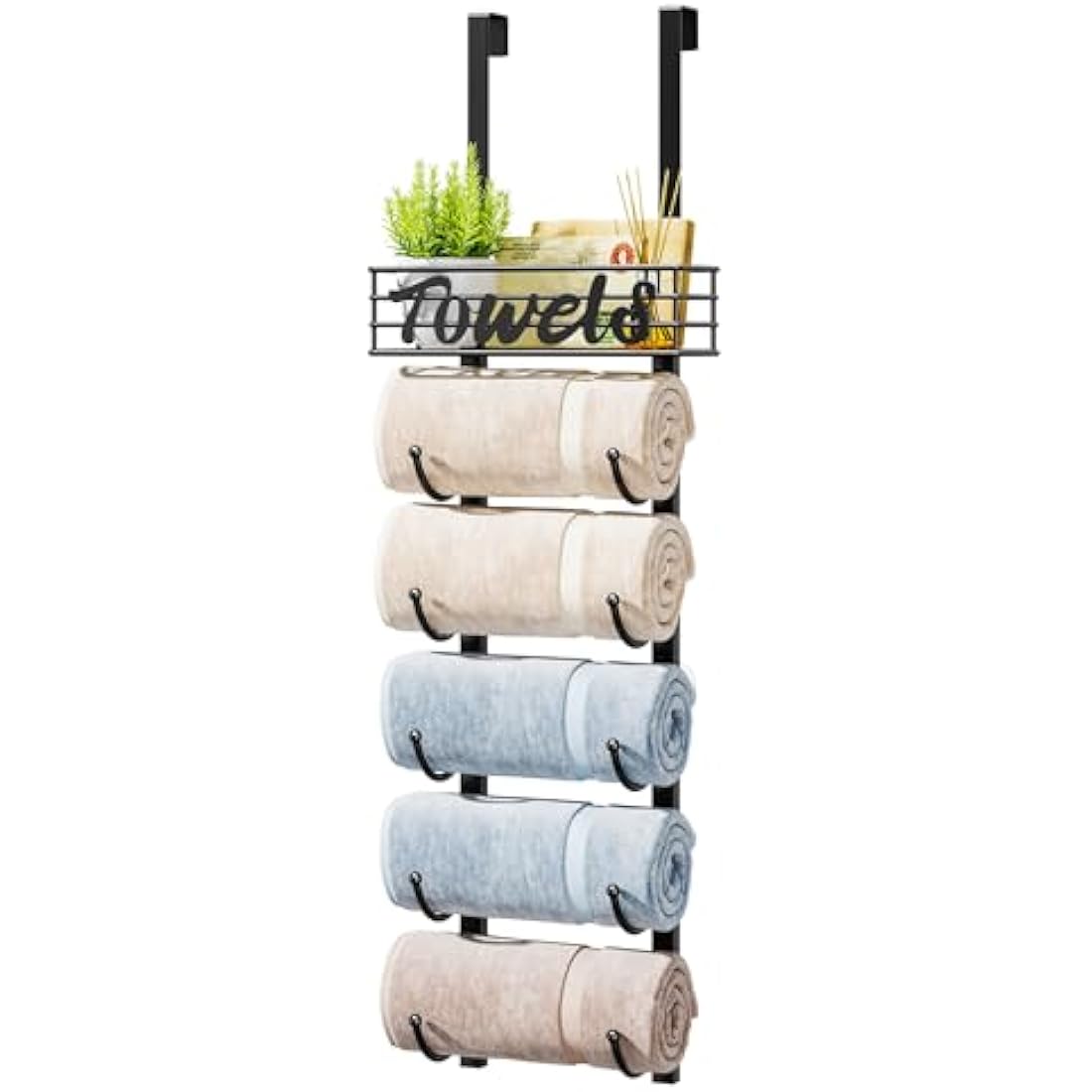 HapiRm Over Door Towel Rack - Towel Storage Rack Wall Mounted with Metal Shelf Basket, 6-Tier Over Door Towel Rail & Bathroom Storage Organiser Towel Holder for Small Bathroom, Camper, Rv