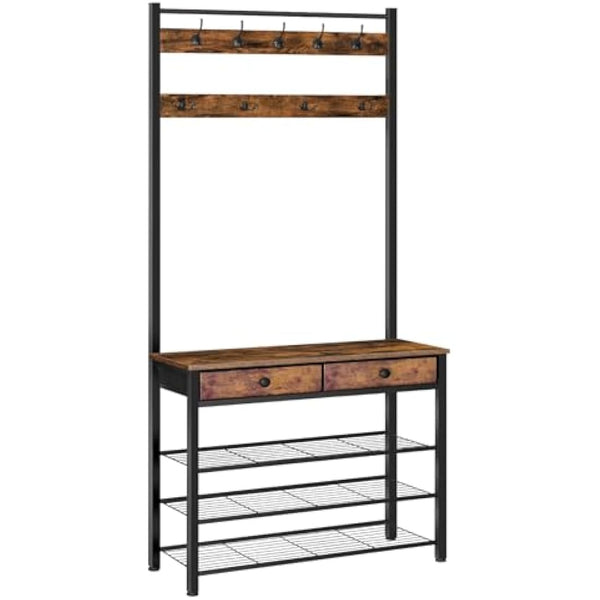 HOOBRO Coat and Shoe Rack, Coat Rack with Shoe Storage, Hall Tree with 2 Non-Woven Drawers, Coat and Shoe Storage for Hallway, Bedroom, Cloakroom, Rustic Brown and Black EBF81MT01