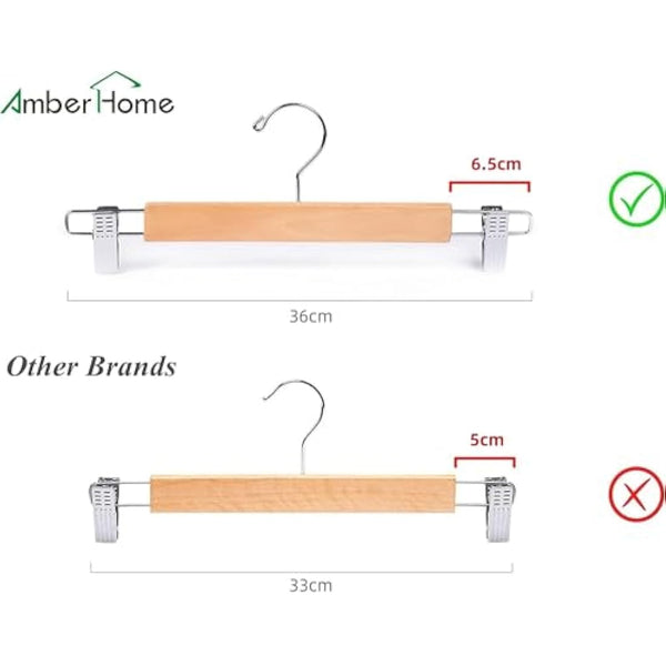 Amber Home 36cm Natural Wooden Pants Hangers 20pcs, Smooth Wood Skirt Hanger Organizer with Adjustable Anti-Slip Chrome Clips, Space Saving Solid Clothes Hangers Rack for Bottoms Jeans Slacks Trousers