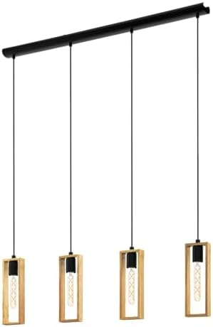 EGLO Pendant lighting Littleton, 4 light vintage hanging lamp in industrial design, retro ceiling light made of black metal and natural wood, E27socket, FSC certified