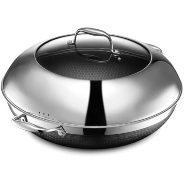 HexClad 35 cm Hybrid Stainless Steel Wok Pan with Stay-Cool Handles, Oven Safe, Works with Induction, Ceramic, Non-Stick, Electric, and Gas Cooktops