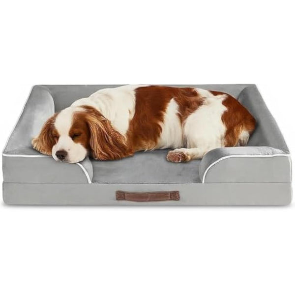 Codi Large Memory Foam Layer Dog Bed, Washable Orthopedic Dogs Beds Couch with Removable Zipper Cover, Waterproof Pet Sofa with U-Shape Bolster, Grey, 91x68x(7.5+8.9) cm