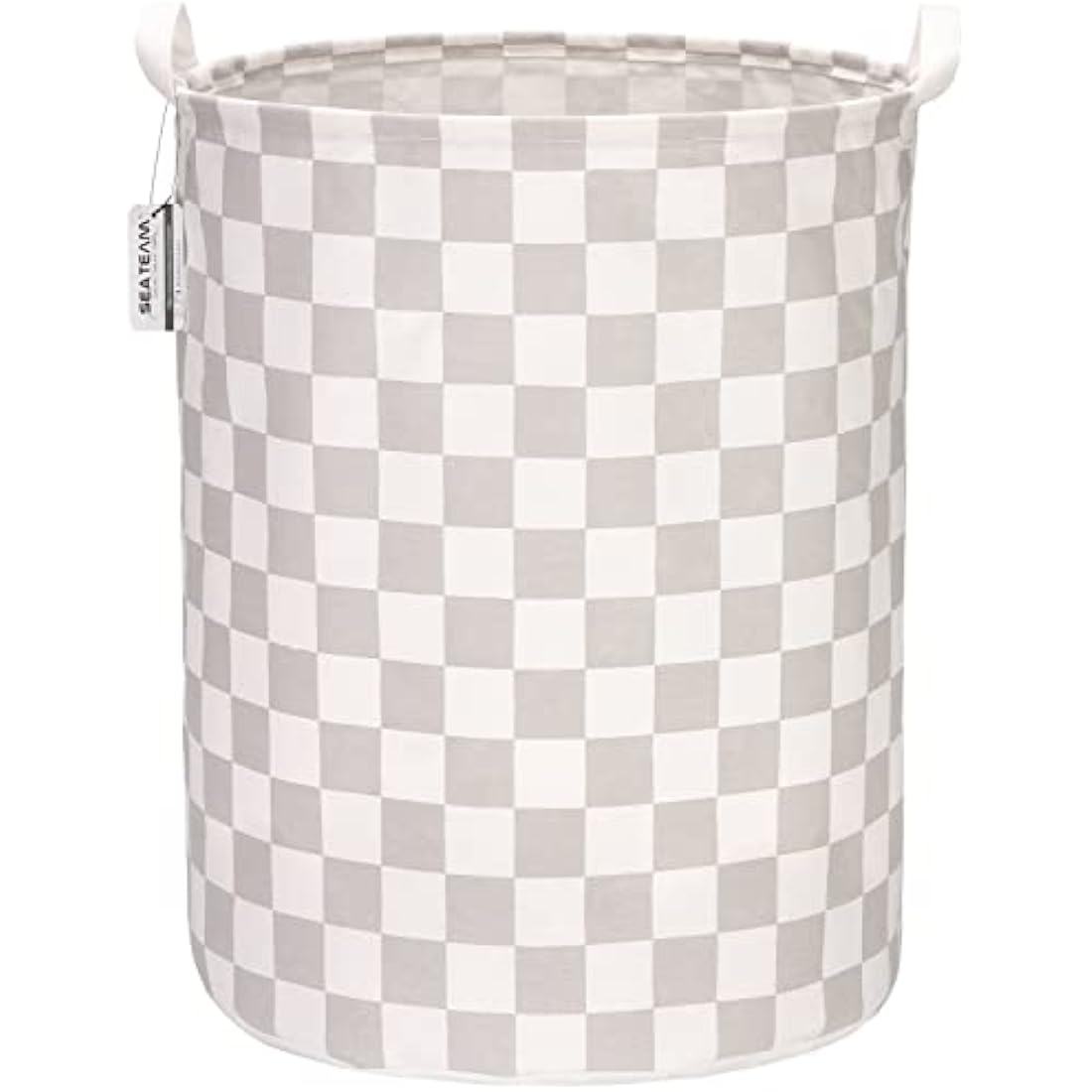Sea Team 19.7 Inch Large Sized Waterproof Coating Ramie Cotton Fabric Folding Laundry Hamper Bucket Cylindric Burlap Canvas Storage Basket with Stylish Grid Grey Design