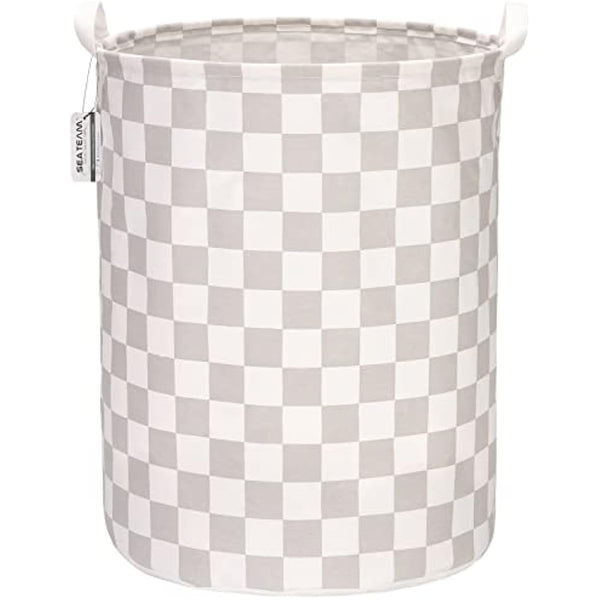 Sea Team 19.7 Inch Large Sized Waterproof Coating Ramie Cotton Fabric Folding Laundry Hamper Bucket Cylindric Burlap Canvas Storage Basket with Stylish Grid Grey Design