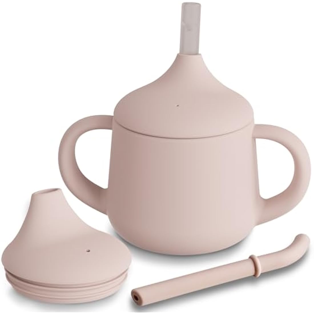 Moonkie Silicone Baby Sippy Cup 6+ Months with 2 Straws (Free Flow & Leak-Proof Valve) | 3 Stage Transition | Baby Water Bottle | BPA Free & Dishwasher Safe | 120ml(Blush)