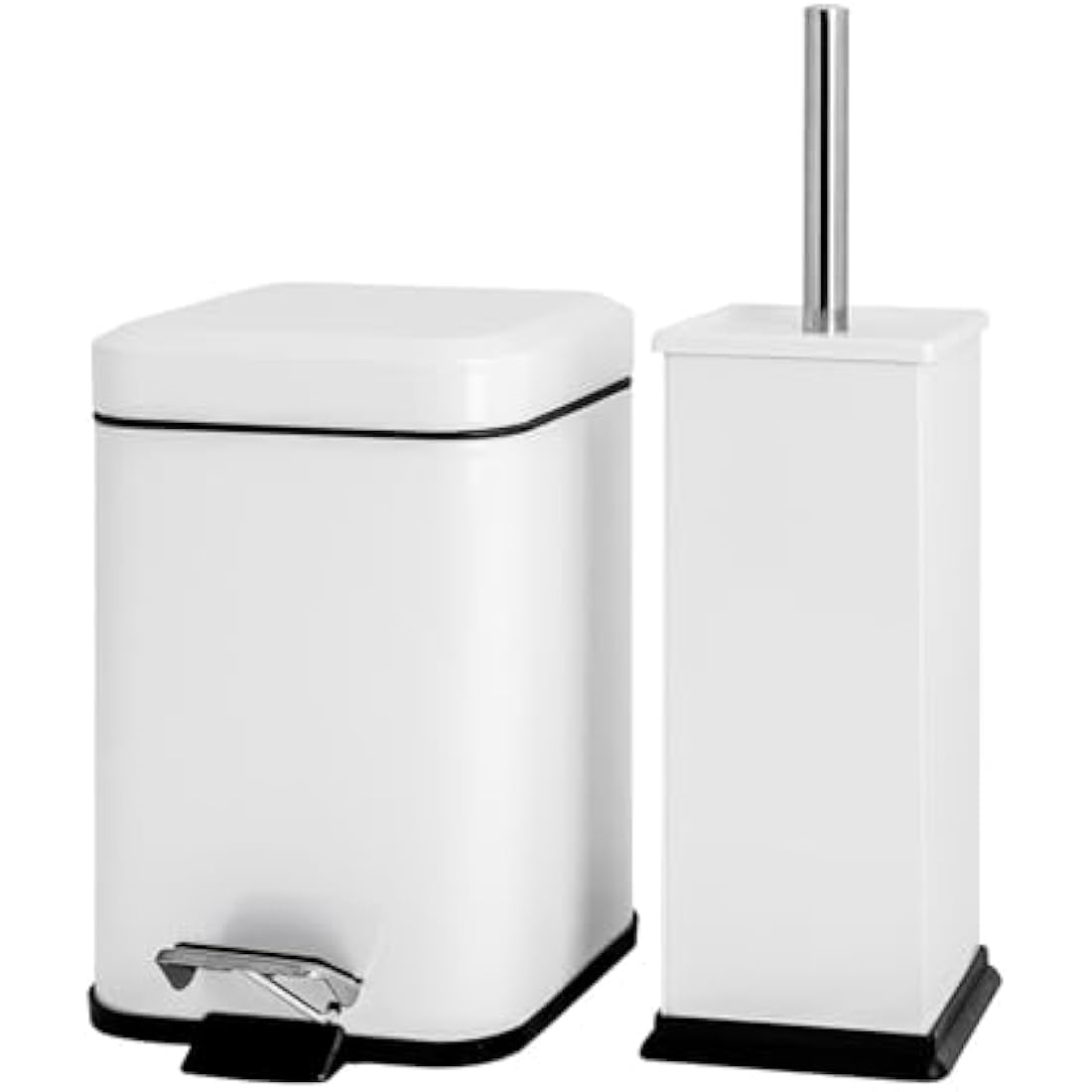 Harbour Housewares Bathroom Bin & Brush Set - White - 2pc Square Stainless Steel Pedal Bin & Toilet Brush Set Slim Small Trashcan for Kitchen Waste, Bathroom Rubbish