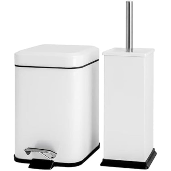 Harbour Housewares Bathroom Bin & Brush Set - White - 2pc Square Stainless Steel Pedal Bin & Toilet Brush Set Slim Small Trashcan for Kitchen Waste, Bathroom Rubbish