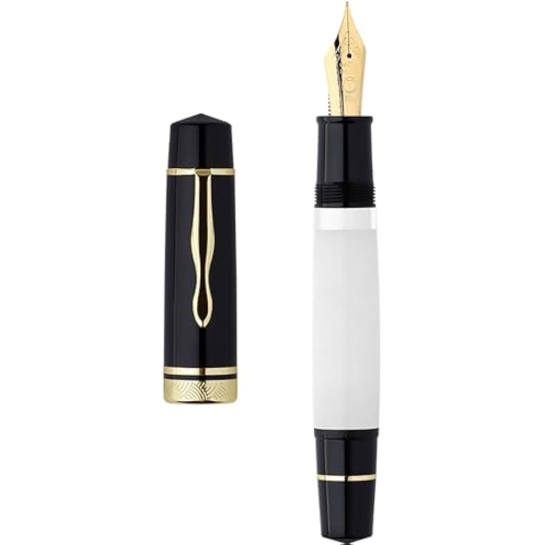 erofa Majohn P139 Piston Resin Fountain Pen Medium Nib with Box, Brass Piston System Large Capacity Writing Pen, Black White