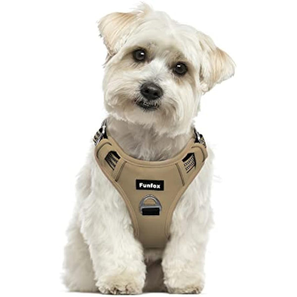 Funfox Dog Harness Small No Pull, Adjustable 2 Clips Anti-Pull Vest with Practical Handle, Breathable Padded Pet Harness Designed for Small/Large Breeds, Reflective Training Walking Brown S