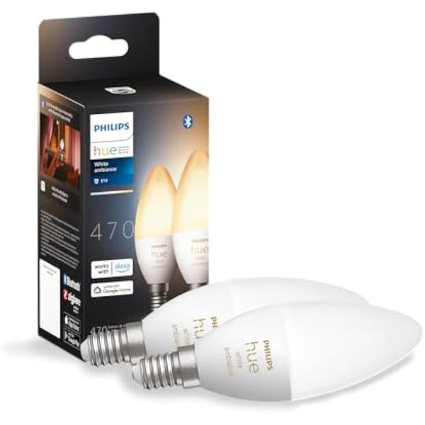 Philips Hue New White Ambiance Smart Light Bulb 2 Pack [E14 Small Edison Screw] Works with Alexa, Google Assistant and Apple Homekit. for Indoor Home Lighting, Livingroom and Bedroom.