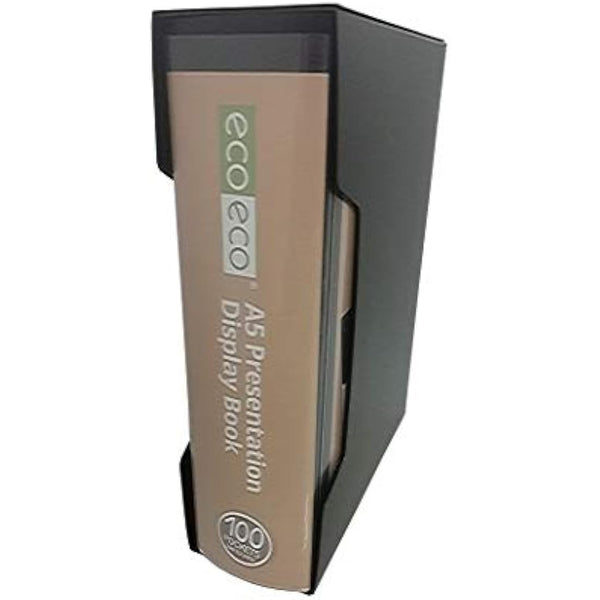 eco-eco A5 Size 50% Recycled 100 Pocket Black Presentation Display Book, Storage Case Portfolio Art Folder with Plastic Sleeves with Black Display Box
