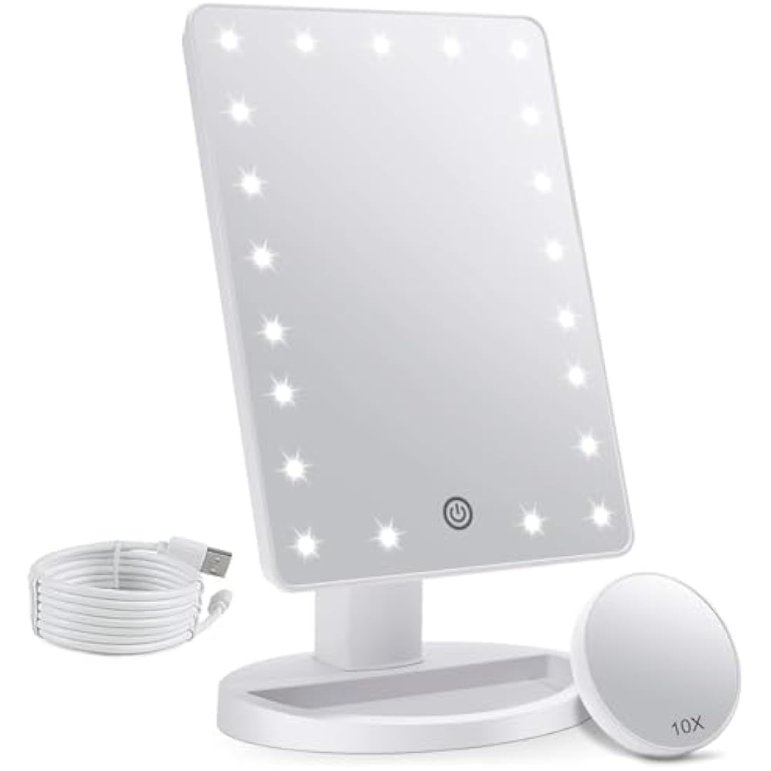 FASCINATE Makeup Vanity Mirror with Lights and Detachable 10X Magnification, 21 Led Lights Adjustable Dimming Touch Sensor, Dual Power Supply, 180° Rotation, Portable Cosmetic Mirror(White)