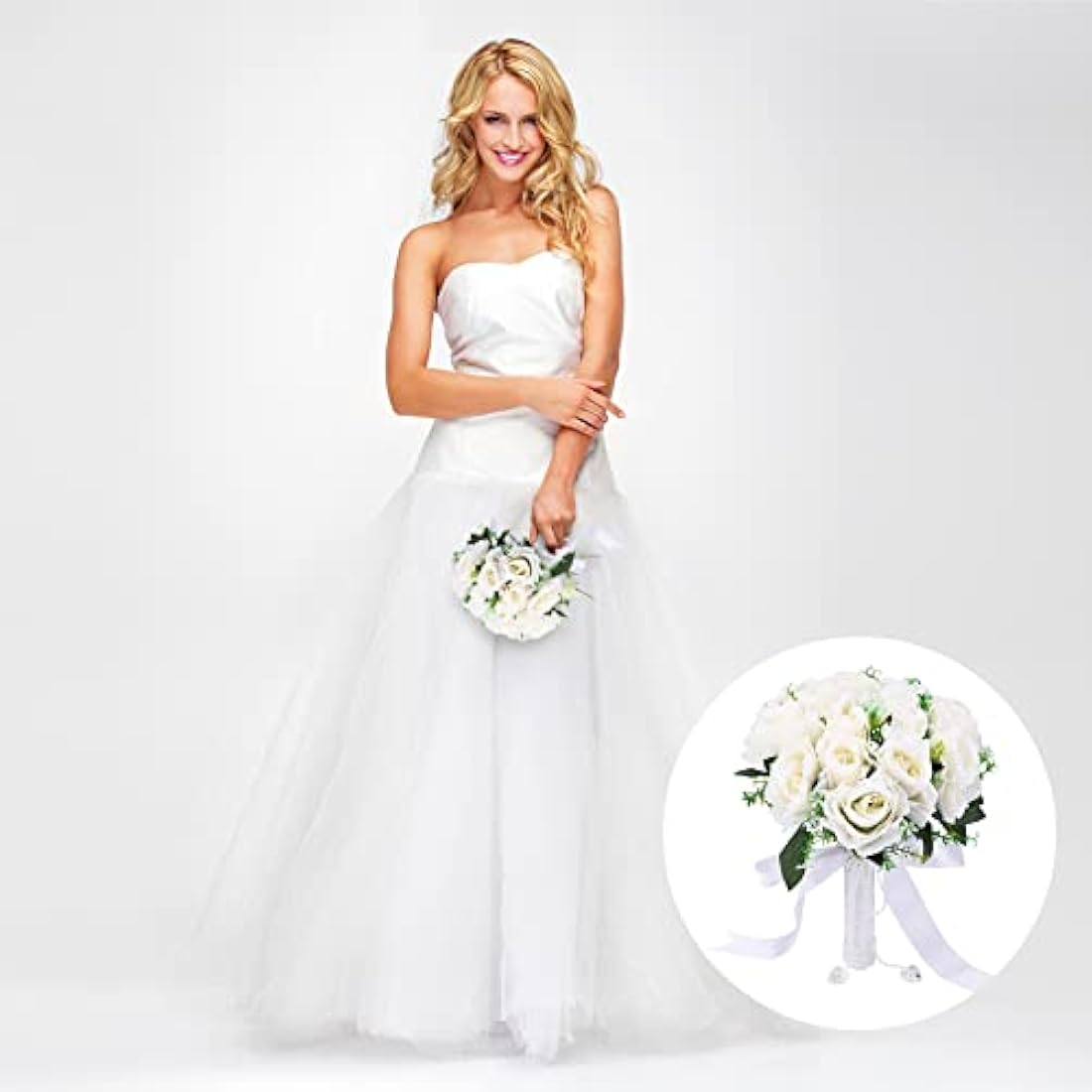 Gukasxi Bridal Bouquet Artificial Rose and Wrist Flower - Wedding Bouquet for Bride and Bridesmaid, Romantic Artificial Flowers for Valentine's Day, Confession Party, Church