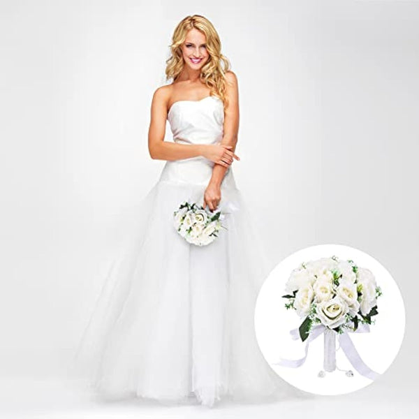 Gukasxi Bridal Bouquet Artificial Rose and Wrist Flower - Wedding Bouquet for Bride and Bridesmaid, Romantic Artificial Flowers for Valentine's Day, Confession Party, Church