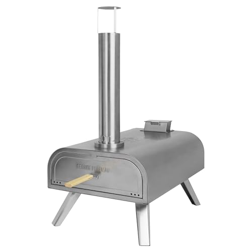 George Foreman Outdoor 12 Inch Wood Pellet Portable Wood Fired Pizza Oven Stainless Steel with Paddle and Carry Bag, BBQ Oven & Smoker, Foldable Legs GFWPPO1SSPC