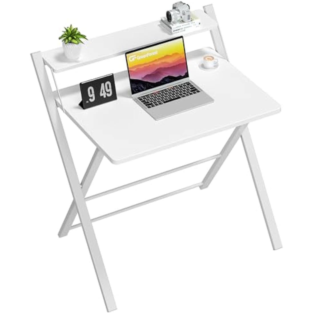GreenForest Foldable Desk No Assembly Required,Small Desk with Monitor Shelf,Computer Desk for Small Space,White