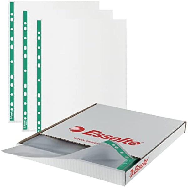 Esselte A4 Punched Pockets, 500 x Poly Pockets, 43 Micron Thickness, Embossed A4 Pockets With Punched Reinforced Green Spine, Ideal For Lever Arch Files & Ring Binders (Pack of 500), 628617