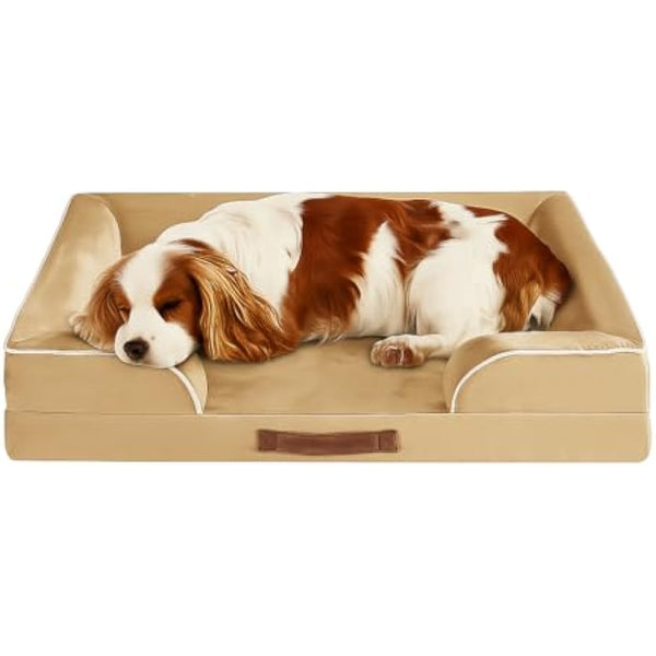 Codi Large Memory Foam Layer Dog Bed, Washable Orthopedic Dogs Beds Couch with Removable Zipper Cover, Waterproof Pet Sofa with U-Shape Bolster, Khaki, 91x68x(7.5+8.9) cm