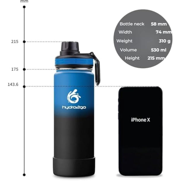 hydro2go Stainless Steel Water Bottle – BPA-Free Bottle for Kids, School, Sports & Outdoor – Keeps Drinks Hot for up to 12H and Cold for up to 24H – Includes 3 Drinking Caps – 530ml (Space)