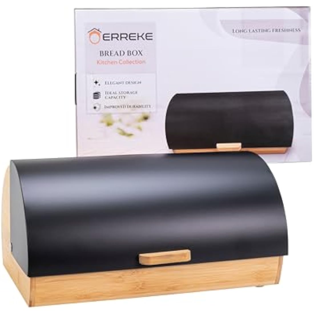Erreke Black Bread Bin, Roll Top Bread Bins for Kitchen, Increase Freshness Time and Preserve Aroma of Fresh Pastries, Large Front Opening, Box Made Durable Steel and Bamboo, Matte Black