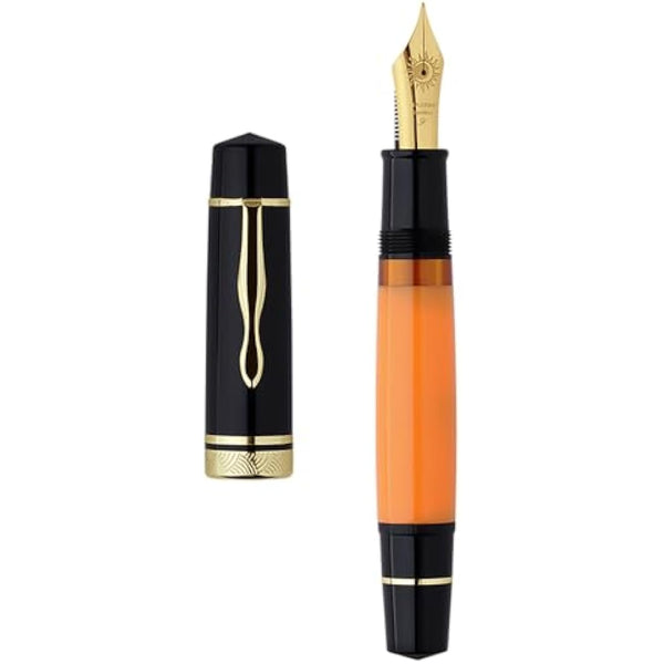 erofa Majohn P139 NO.8 Fine Nib Piston Fountain Pen with Box, Brass Piston System Large Capacity Writing Pen, Black Yellow