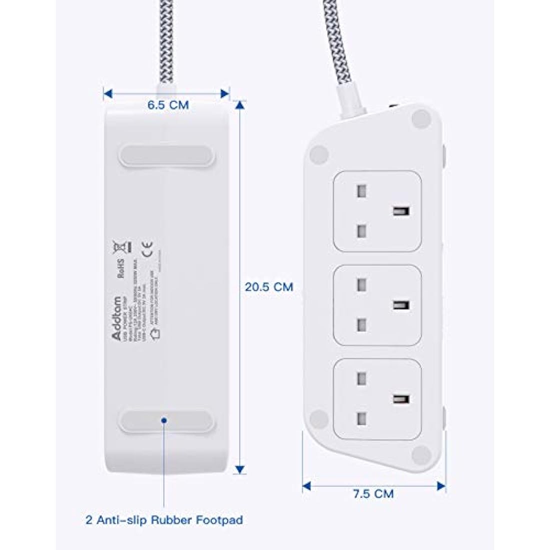 Addtam 3M Extension Cable, Extension Lead with 6 Way Outlets 5 USB(5A, 1 USB C and 4 USB A Ports), 3250W Overload Protection, 3M Braided Extension cord, Surge Protection Plug Extension Socket