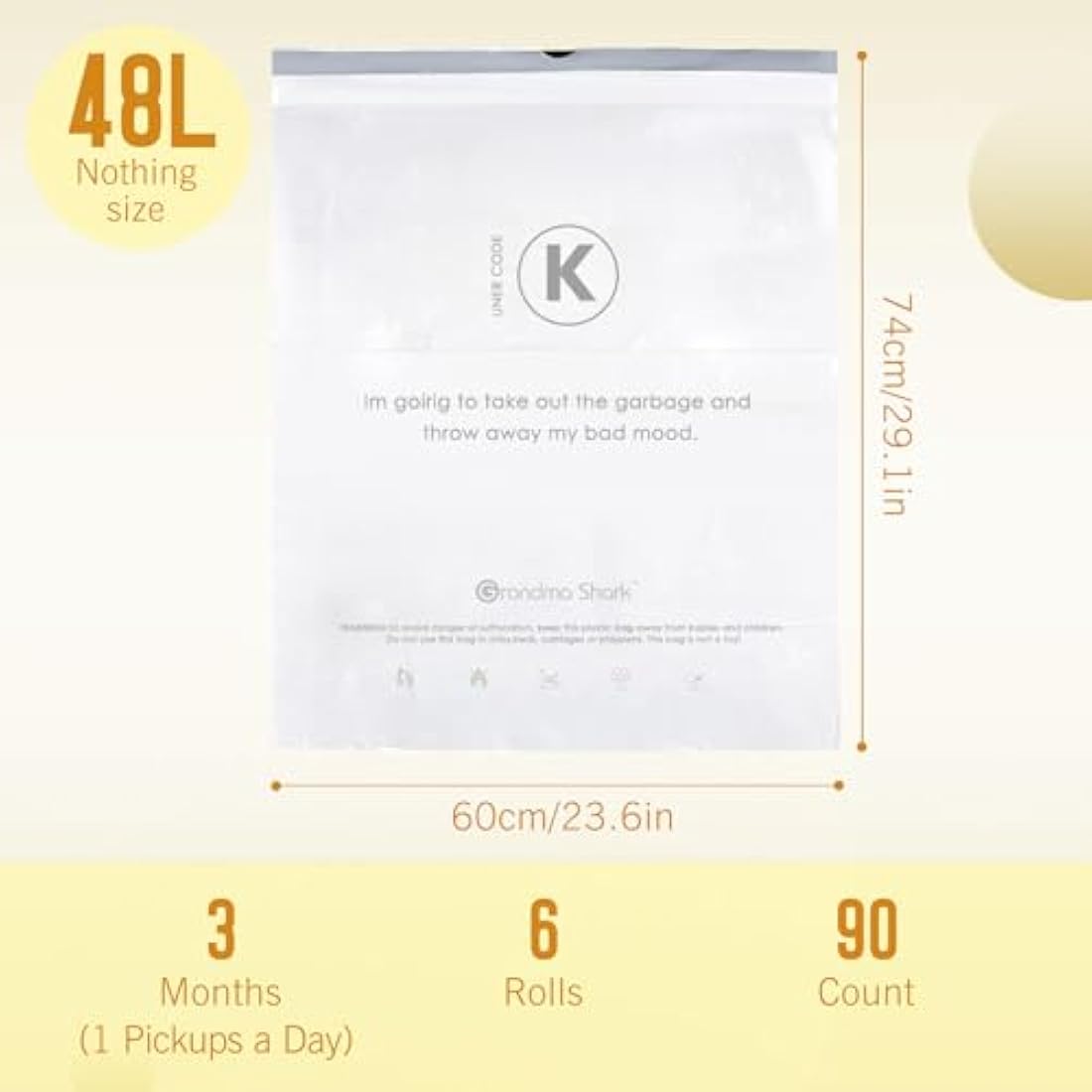 GRANDMA SHARK 38-48L UP TO 55L Bin Bags Liners Drawstring Trash Bag, Handle Waste Bags, 90 Garbage Bag, Super Strong, Anti-drip Unscented, 60 × 74 cm