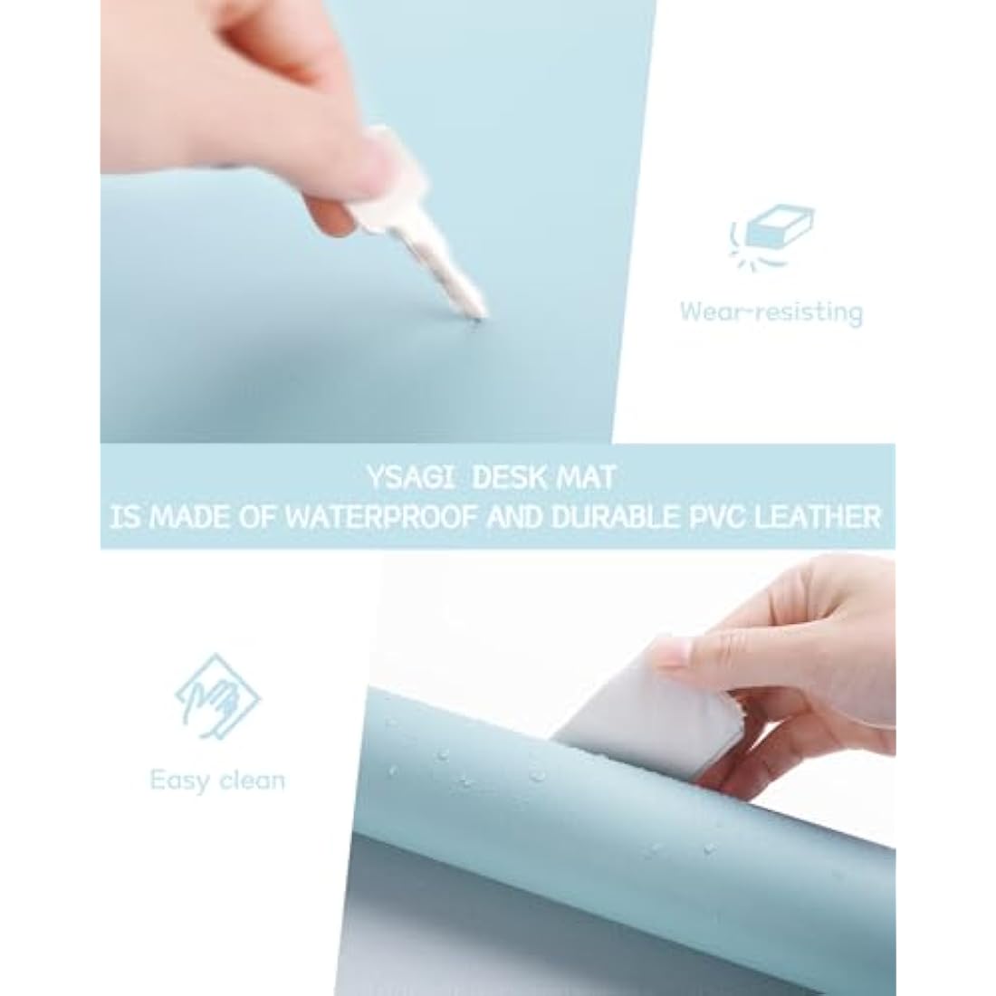 YSAGi Non-Slip Desk Pad, Waterproof PVC Leather Desk Table Protector, Ultra Thin Large Mouse Pad, Easy Clean Laptop Desk Writing Mat for Office Work/Home/Decor (90 x 43 cm, Light Blue)