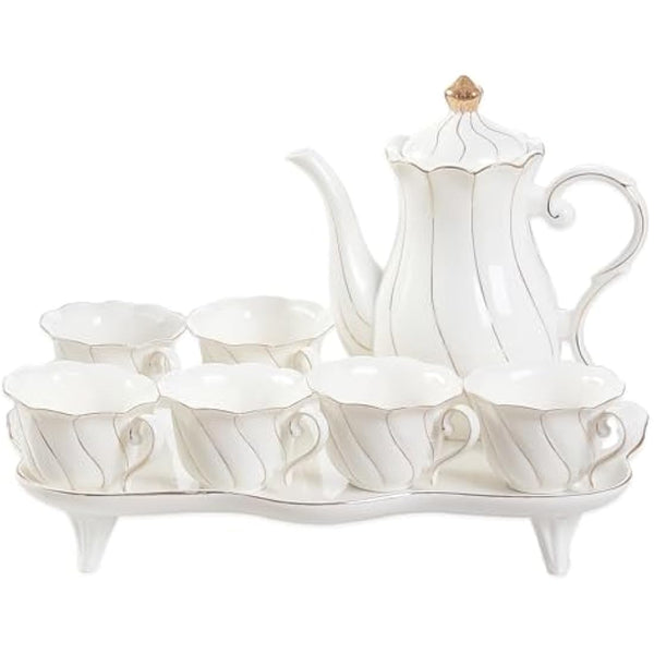 DUJUST 14 pcs Tea Set of 6 with Tea Tray & Spoons, Luxury British Style Tea/Coffee Cup Set with Golden Trim, Porcelain Tea Set for Living Room Decor, Tea Party Set, Gift Package - White