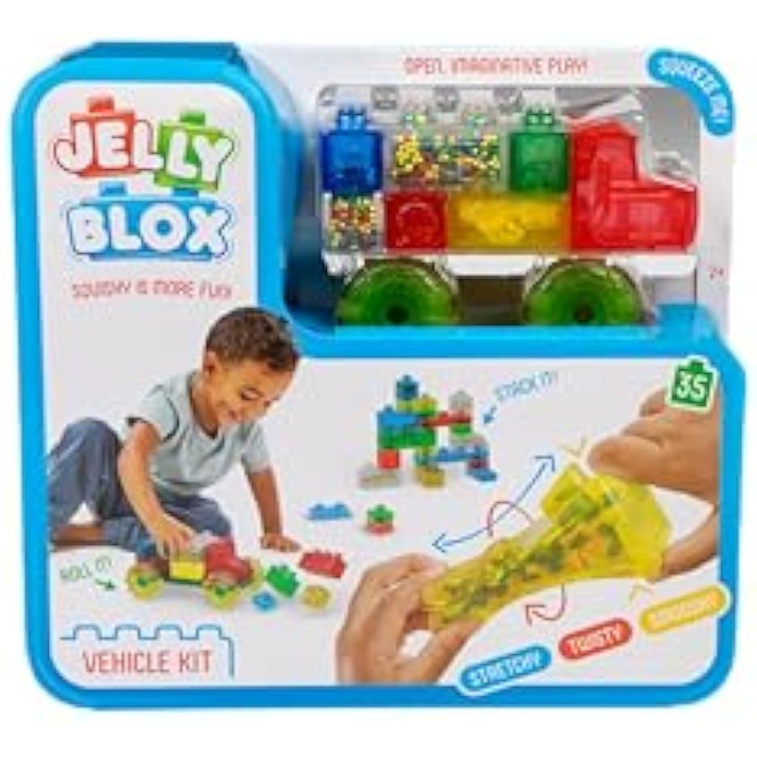 Jelly Blox Vehicle Kit - Includes 35 Blocks - Toddler & Preschool Building Blocks Kids Can Squeeze, Stretch, Squish - Safety Tested & Ouch-Free - Tactile, Sensory Play Toy for Ages 2 Plus